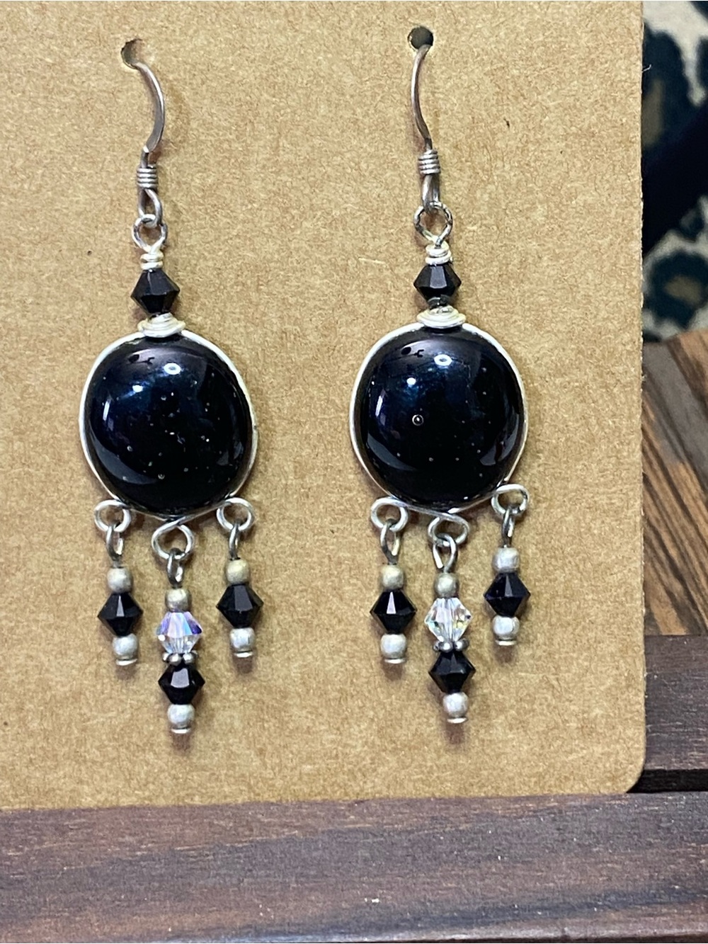 Black Sparkle Cabochon AB Crystal Bead Dangle Earrings with Silver-Tone Accents - Picture 2 of 10